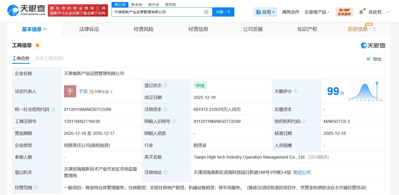 天津高新產(chǎn)業(yè)運(yùn)營管理公司成立，注冊資本68.7億元聚焦非居住房地產(chǎn)租賃